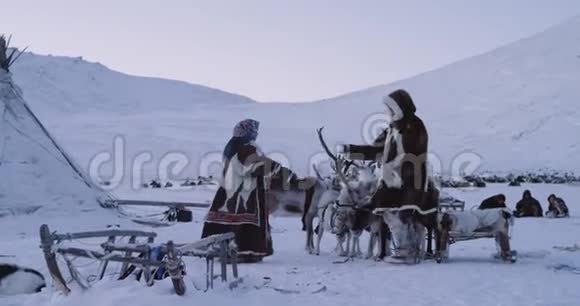 在蒙古包营中的雅马尔男人和女人穿着传统的毛皮衣服在外面超速行驶视频的预览图