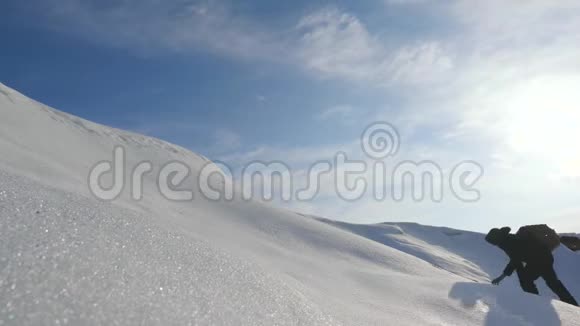 团队合作渴望获胜登山者爬到阿拉斯加一座雪山的山顶北极的旅行者在一座小山上视频的预览图