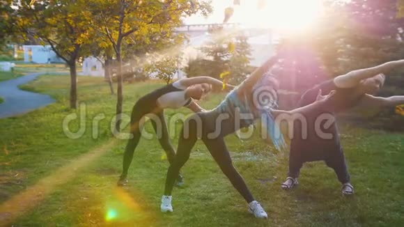 两位年轻女性在公园里和教练一起在阳光下做瑜伽练习一位女士长着蓝色视频的预览图