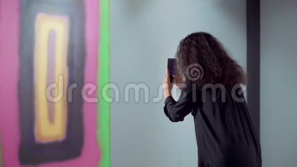布鲁内特女士正在用智能手机拍摄展览中的抽象图片视频的预览图