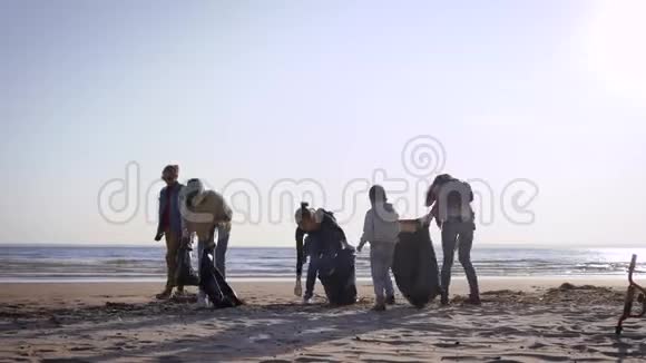 女孩志愿者清理海岸线的垃圾妇女们把冲上岸的垃圾装在黑色的袋子里生态视频的预览图