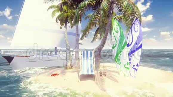 美丽的野生岛屿海滩和棕榈树白沙和蓝天海滩椅子冲浪板和游艇令人惊叹的夏日视频的预览图