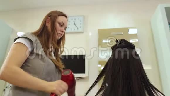 美容师在客厅理发后吹干女人的头发视频的预览图