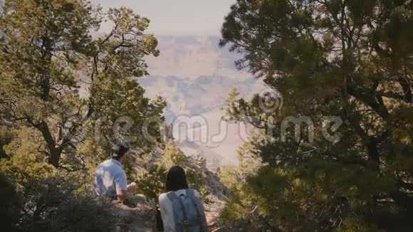 在美国亚利桑那州大峡谷的壮丽景色中年轻的成年夫妇坐在一起吃冰淇淋视频的预览图