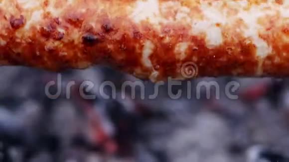 烤串上的香肠烧烤派对视频的预览图