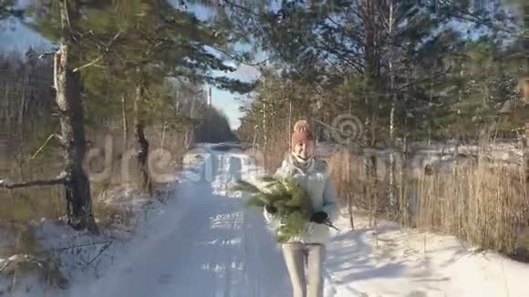 空中女孩沿着雪覆盖的轨道走着松树视频的预览图