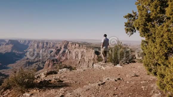 背景拍摄快乐兴奋的年轻游客站在惊叹的阳光明媚的夏季大峡谷全景视频的预览图