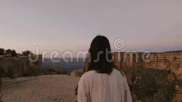 慢镜头跟随幸福的年轻女子走向史诗般的大峡谷山风景在夏季黄昏视频的预览图