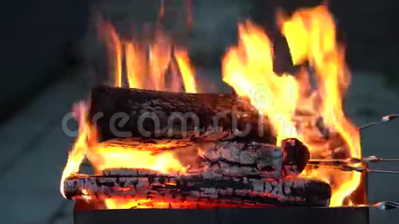 明亮的火和蓝色的烟雾笼罩着烤架里燃烧的木头和串视频的预览图