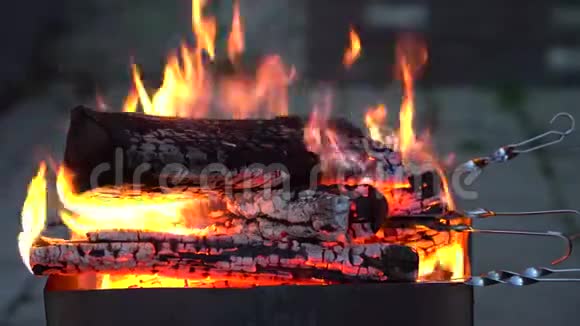 明亮的火和蓝色的烟雾笼罩着烤架里燃烧的木头和串视频的预览图