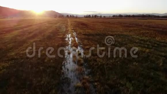 日落时分在秋天的田野上飞过视频的预览图