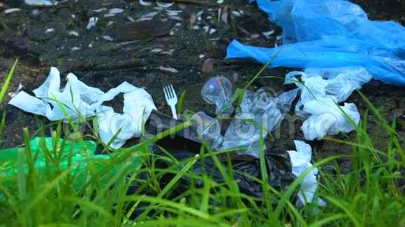 污染沼泽中的一次性塑料废物不负责任的人的影响视频的预览图