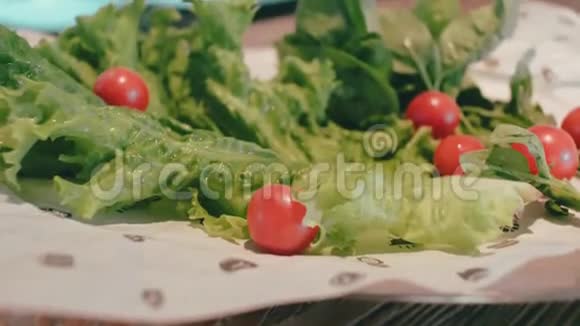 盘子里有新鲜生菜樱桃番茄和罗勒盘子里有新鲜蔬菜蔬菜沙拉4k4k录像60英尺视频的预览图