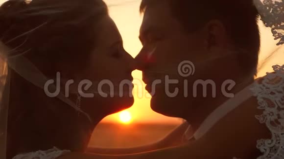 年轻的已婚夫妇在日落时亲吻和拥抱特写镜头一对相爱的情侣在夕阳下的剪影视频的预览图