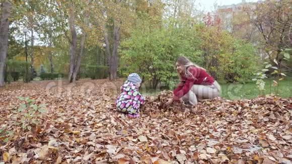 妈妈和她的小宝宝在秋天公园玩落叶视频的预览图