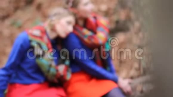 两个漂亮的双胞胎女孩正在秋天的森林里散步视频的预览图