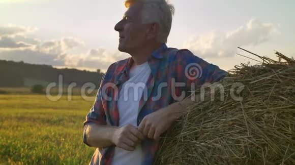 年轻人和老农夫打招呼握手走在草田里夕阳下美丽的景色视频的预览图