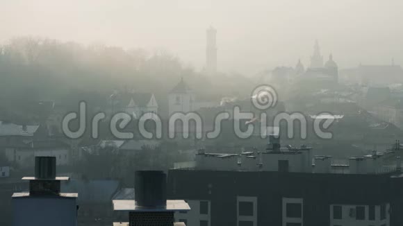 历史中心的利沃夫在浓雾中建筑物和房屋屋顶的剪影乌克兰视频的预览图