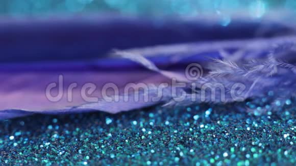 蓝色的羽毛落在闪闪发亮的蓝色背景上上面有水滴视频的预览图