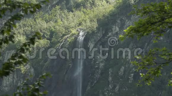 高加索山脉中的瀑布被许多松树和灌木所包围最终形成一条缓慢运动的山河视频的预览图