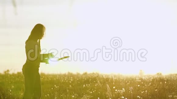 维京战士用刀子在田野里训练对抗美丽的日落非常漂亮的电影框架视频的预览图