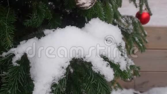 摄像机从下往上移动重点放在挂在圣诞树上的彩球上上面覆盖着雪和雪视频的预览图