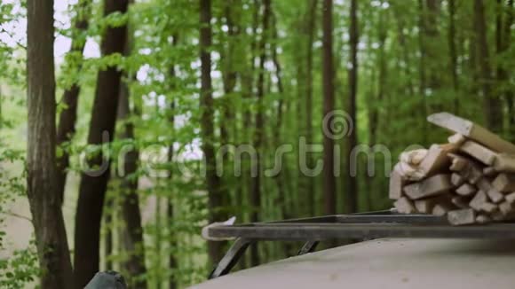 在野生落叶林中用柴火在汽车附近进行休闲壮汉的慢动作视频的预览图