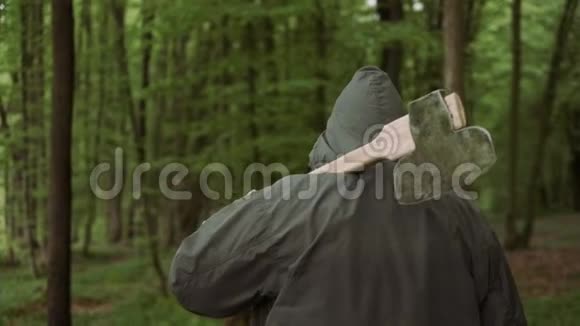 在野生落叶林中专业伐木工人与前轴同行视频的预览图