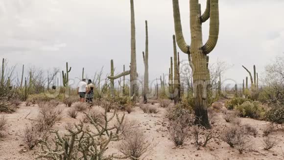 慢动作的年轻浪漫旅行者夫妇探索惊人的萨加罗仙人掌沙漠在史诗般的夏季亚利桑那州国家公园视频的预览图