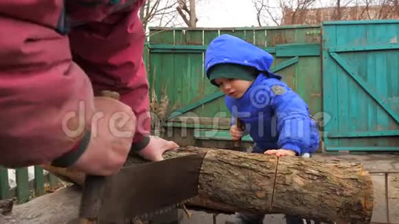 一个手艺精湛的男孩用两个人的横切锯切木头一起工作子帮助父母强国视频的预览图