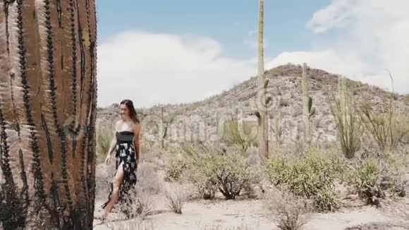 在炎热的国家公园沙漠中慢动作的年轻美丽的快乐旅游妇女穿着黑色连衣裙在大萨瓜罗仙人掌旁散步视频的预览图
