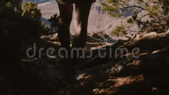 慢镜头后观欢乐游女徒步站在史诗般的大峡谷山景中张开双臂视频的预览图