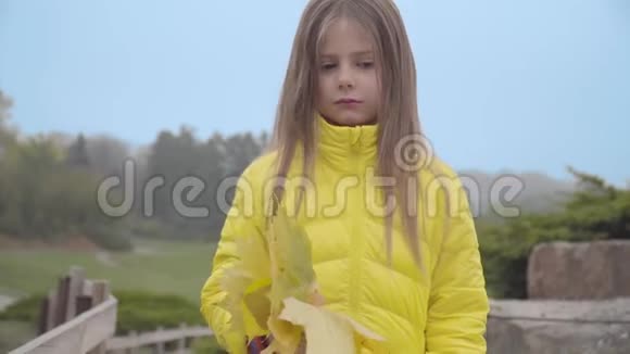 一个穿着黄色外套的可爱白人女孩站在秋天公园的肖像带着一堆黄叶的漂亮孩子视频的预览图