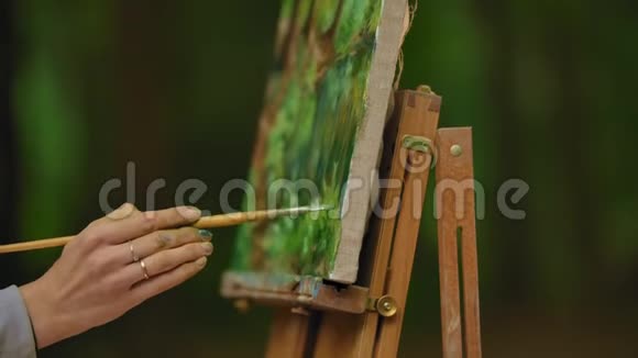 用画笔将一只女性的手画在犁地的风景上视频的预览图