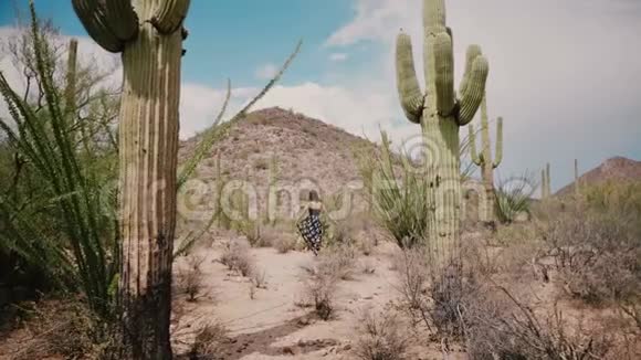 慢镜头移向年轻美丽的女人旋转快乐的大萨瓜罗仙人掌国家公园沙漠视频的预览图