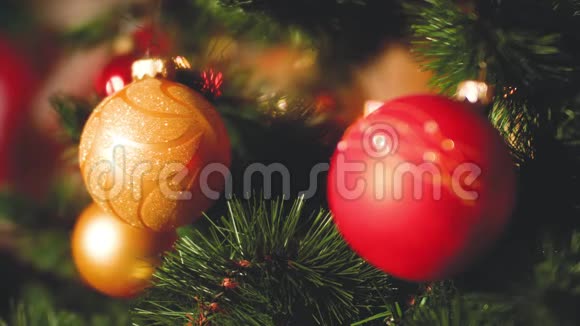圣诞树上的红色和金色黄雀的特写镜头闪烁着五颜六色的灯光视频的预览图