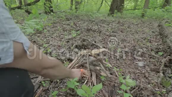 在春天的森林里点燃篝火准备烤香肠的木炭视频的预览图