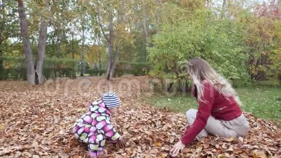 妈妈和她的小宝宝在秋天公园玩落叶视频的预览图