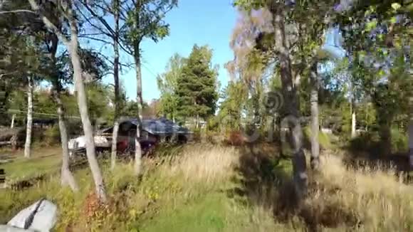 森林中的老木屋斯堪的纳维亚的无人机视频视频的预览图