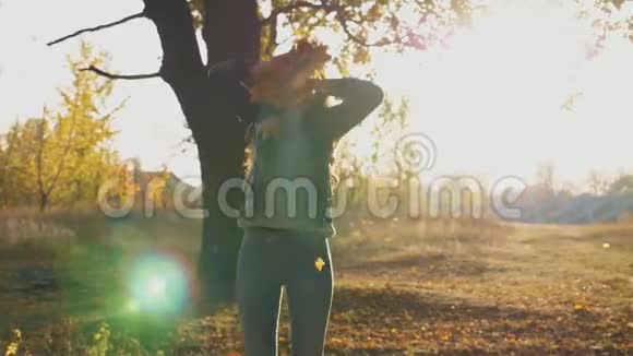 迷人的女人在秋天的公园里跳跃扔黄色的枫叶女孩举起双手享受与视频的预览图