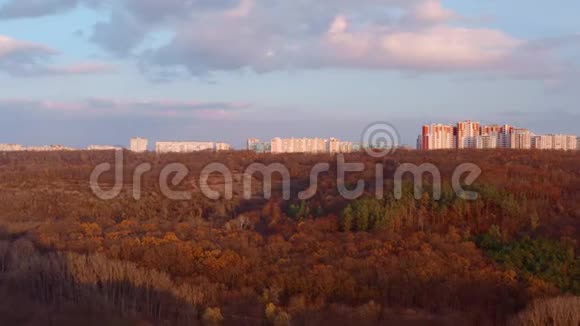公寓建筑在城市天际线与秋天的森林日落视频的预览图