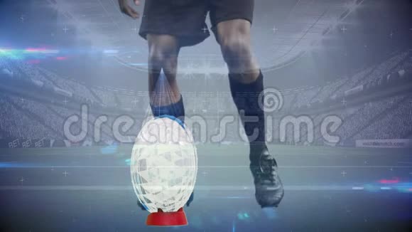 橄榄球运动员用动画玻璃碎片踢足球在整个体育场内球上脱落视频的预览图