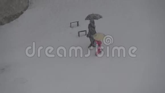 母亲和孩子在暴风雪中上学视频的预览图