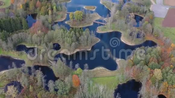美丽的喀斯特地区景观秋天的树木湖泊和木路空中视频的预览图