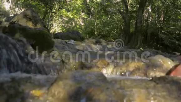 雨林树荫下的瀑布景观淡水从山上流出视频的预览图