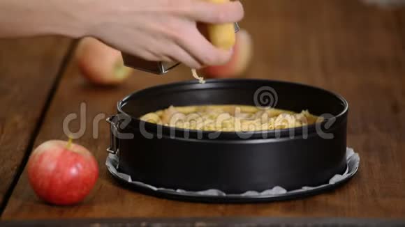 女人在苹果派上用磨粉机磨制糕点面团烹饪过程视频的预览图