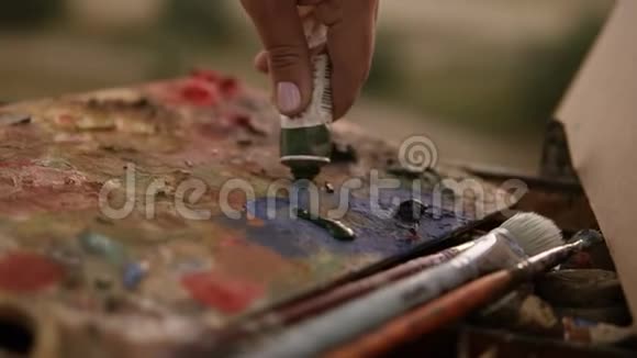 靠近一个女人她的手艺术家从调色板上的管子里挤出颜料准备户外艺术作品视频的预览图
