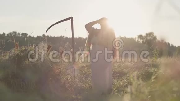 美丽的超重女人在阳光下在绿色的夏季田野上编织着她的头发美丽的风景视频的预览图
