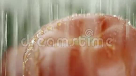 在视频中我们看到一个西红柿和绿色植物水从顶部涌出就像视频中间的淋浴一样视频的预览图