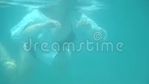 水下视野穿着泳装和衬衫游泳的女人视频的预览图
